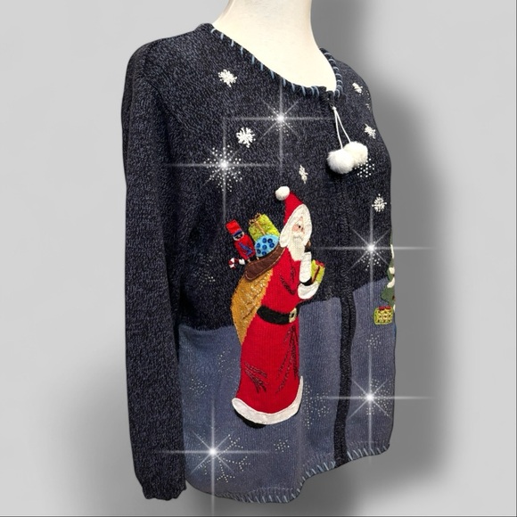 Vtg Blue Ugly Christmas Sweater Sz 1X Heavy Rhinestones Snowflakes Sparkle Santa - Picture 3 of 12